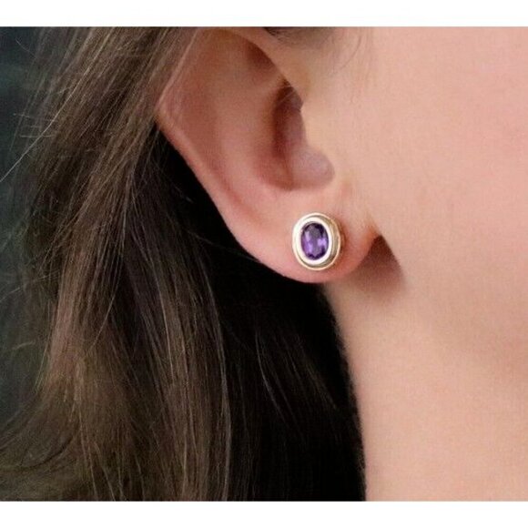 10k Yellow Gold Natural Amethyst Earrings Stud Post - Picture 4 of 8